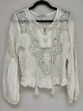 Zara Woman White Embroidered Lace Up Peasant Blouse Tassel Boho M